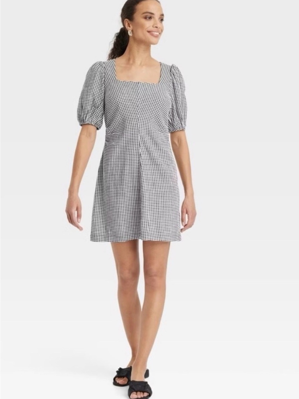 A new day Gingham Puff Sleeve Mini Dress - Black/White
